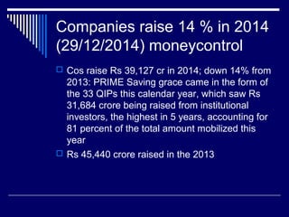 Companies raise 14 % in 2014
(29/12/2014) moneycontrol
 Cos raise Rs 39,127 cr in 2014; down 14% from
2013: PRIME Saving grace came in the form of
the 33 QIPs this calendar year, which saw Rs
31,684 crore being raised from institutional
investors, the highest in 5 years, accounting for
81 percent of the total amount mobilized this
year
 Rs 45,440 crore raised in the 2013
 