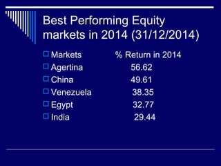 Best Performing Equity
markets in 2014 (31/12/2014)
 Markets % Return in 2014
 Agertina 56.62
 China 49.61
 Venezuela 38.35
 Egypt 32.77
 India 29.44
 