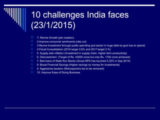 10 challenges India faces
(23/1/2015)
 1. Revive Growth (job creation)
 2.Improve consumer sentiments (rate cut)
 3.Revive Investment through public spending (pvt sector in huge debt so govt has to spend)
 4.Fiscal Consolidation (2016 target 3.6% and 2017 target 3 %)
 5. Supply side inflation (Investment in supply chain, higher farm productivity)
 6. Disinvestment (Target of Rs. 43000 crore but only Rs. 1700 crore achieved)
 7. Bad loans of State Run Banks (Gross NPA has touched 5.32% in Sep 2014)
 8. Boost Financial Savings (Higher savings so money for investments)
 9. Aggressive taxation (Retrospective tax to be removed)
 10. Improve Ease of Doing Business
 