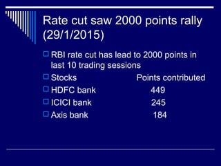 Rate cut saw 2000 points rally
(29/1/2015)
 RBI rate cut has lead to 2000 points in
last 10 trading sessions
 Stocks Points contributed
 HDFC bank 449
 ICICI bank 245
 Axis bank 184
 