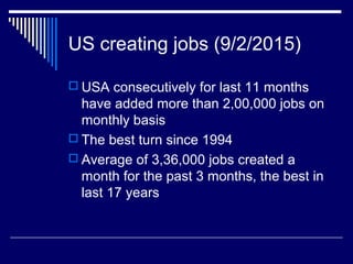 US creating jobs (9/2/2015)
 USA consecutively for last 11 months
have added more than 2,00,000 jobs on
monthly basis
 The best turn since 1994
 Average of 3,36,000 jobs created a
month for the past 3 months, the best in
last 17 years
 