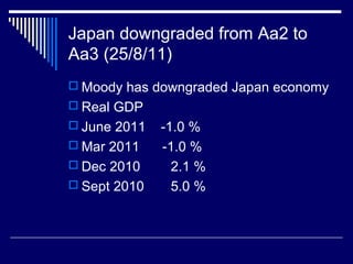 Japan downgraded from Aa2 to
Aa3 (25/8/11)
 Moody has downgraded Japan economy
 Real GDP
 June 2011 -1.0 %
 Mar 2011 -1.0 %
 Dec 2010 2.1 %
 Sept 2010 5.0 %
 