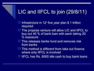 LIC and IIFCL to join (29/8/11)
 Infrastrcture in 12th
five year plan $ 1 trillion
required
 The propose venture will allow LIC and IIFCL to
buy out 40 % of bank loan with each taking 20
% exposure
 This releases banks fund and removes risk
from banks
 This method is different from take out finance
where only IIFCL is involved
 IIFCL has Rs. 8000 idle cash to buy bank loans
 