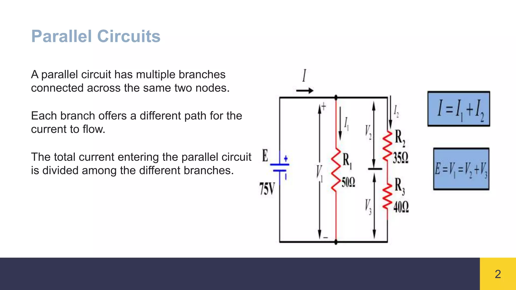 2
Parallel Circuits
A parallel circuit has multiple branches
connected across the same two nodes.
Each branch offers a different path for the
current to flow.
The total current entering the parallel circuit
is divided among the different branches.
 
