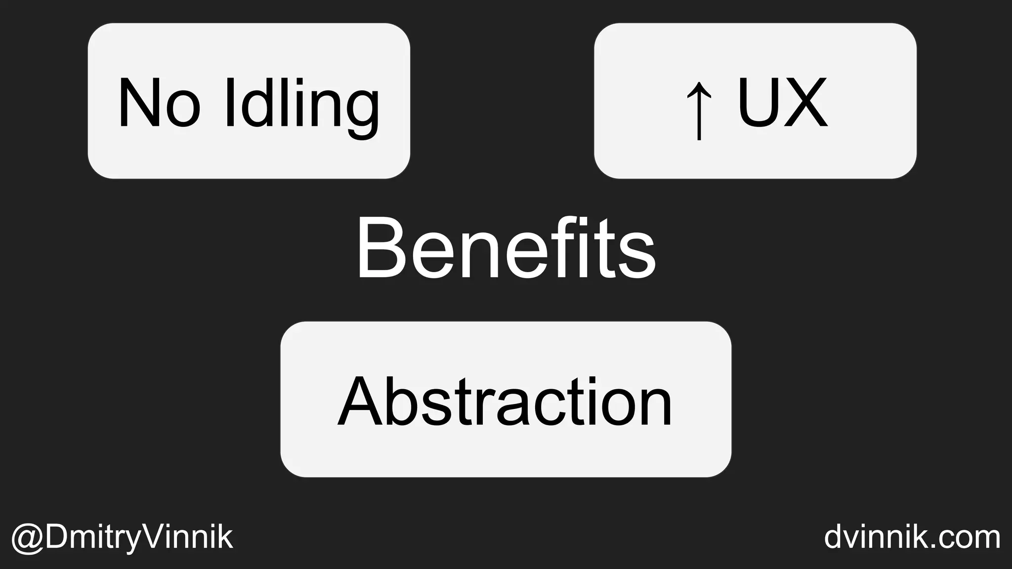 Benefits
No Idling ↑ UX
Abstraction
@DmitryVinnik dvinnik.com
 