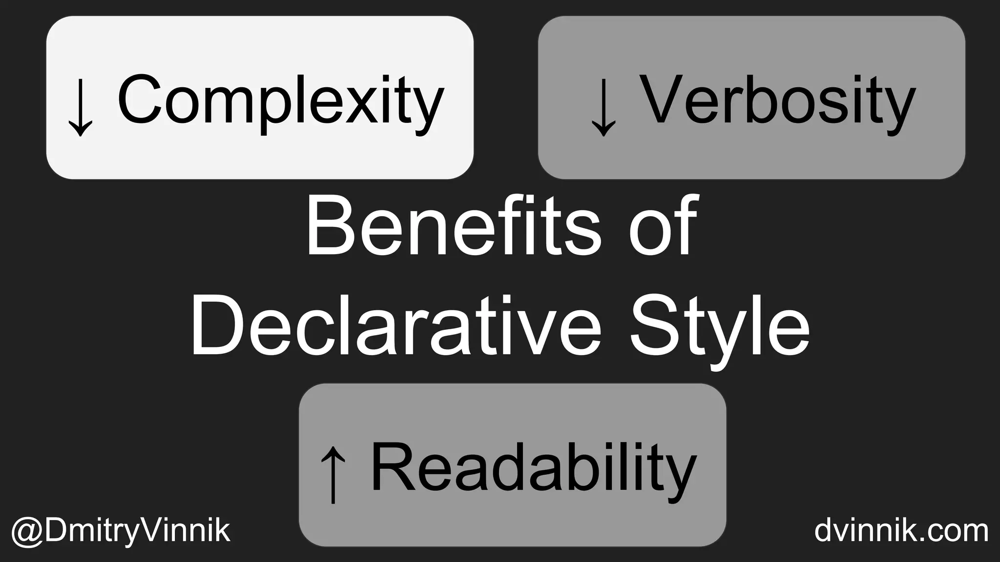 Benefits of
Declarative Style
↑ Readability
↓ Verbosity↓ Complexity ↓ Verbosity
↑ Readability
@DmitryVinnik dvinnik.com
 