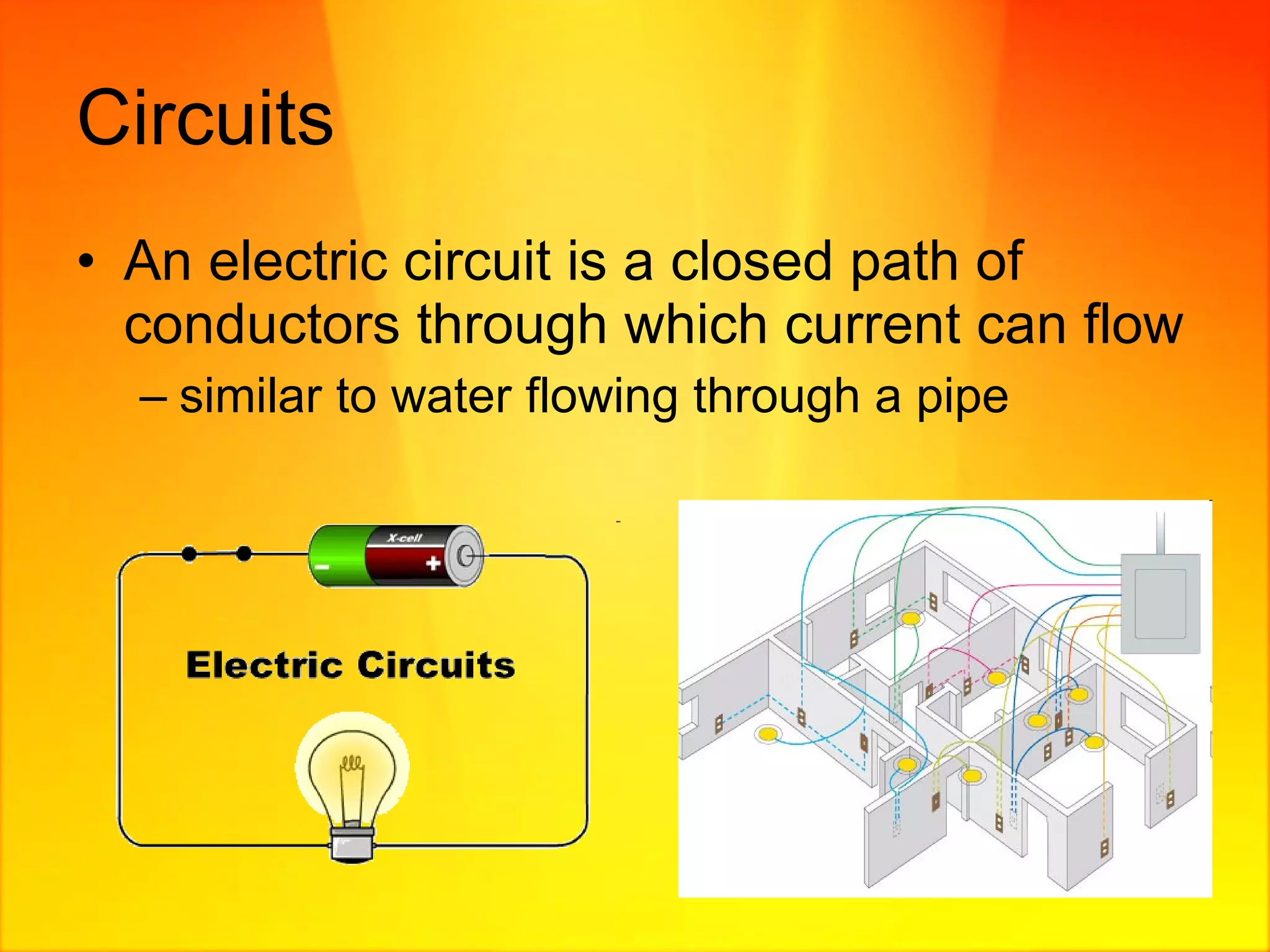 Circuits An electric circuit is a closed path of conductors through which current can flow similar to water flowing through a pipe 