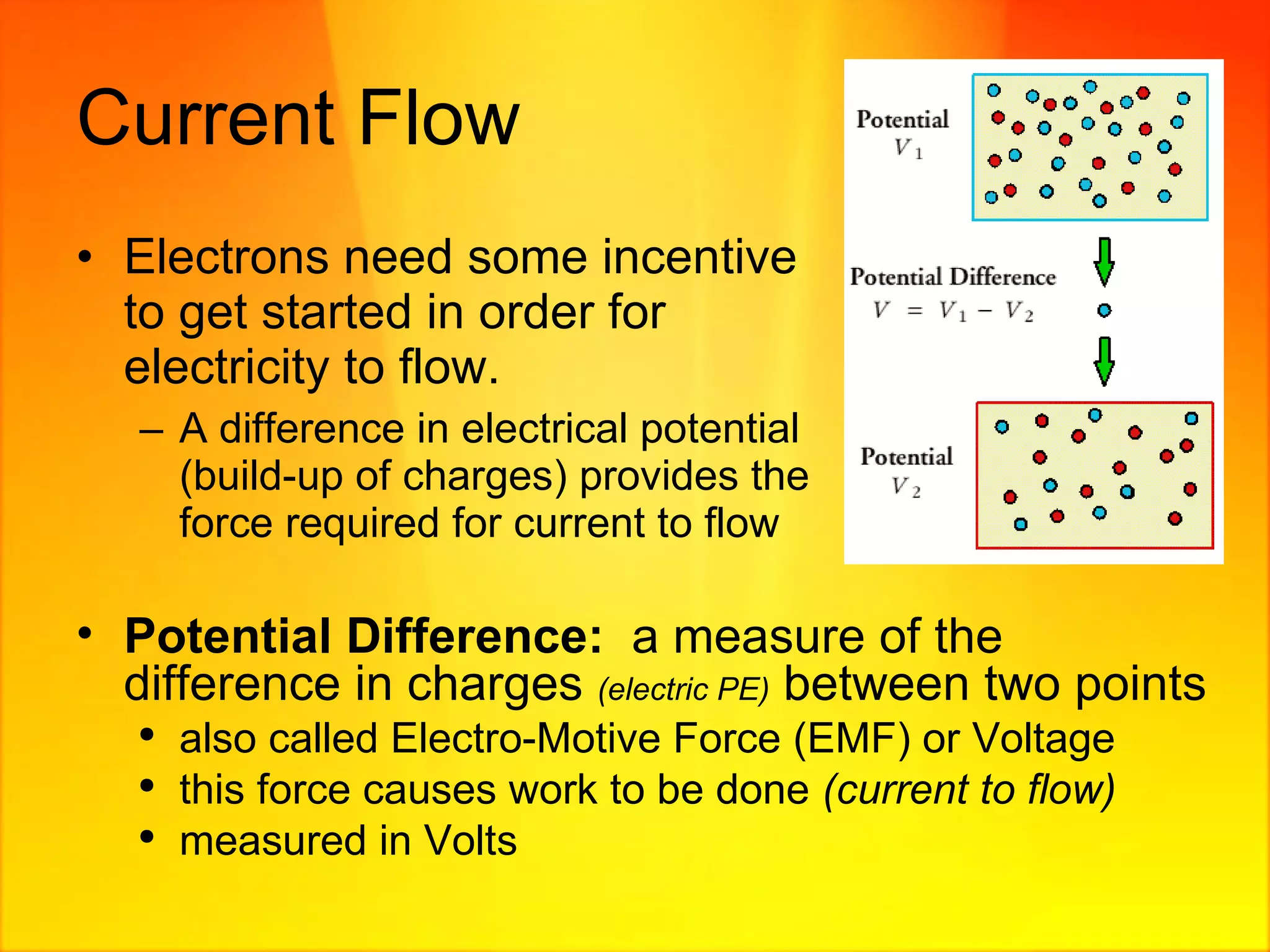 Current Flow Electrons need some incentive to get started in order for electricity to flow. A difference in electrical potential (build-up of charges) provides the force required for current to flow Potential Difference:   a measure of the difference in charges  (electric PE)  between two points also called Electro-Motive Force (EMF) or Voltage this force causes work to be done  (current to flow) measured in Volts  