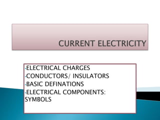 •ELECTRICAL CHARGES
•CONDUCTORS/ INSULATORS
•BASIC DEFINATIONS
•ELECTRICAL COMPONENTS:
SYMBOLS
 