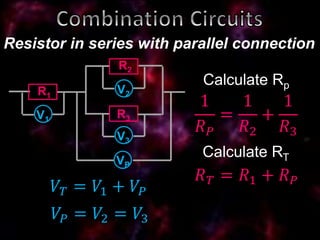 Resistor in series with parallel connection
1
𝑅 𝑃
=
1
𝑅2
+
1
𝑅3
𝑉𝑇 = 𝑉1 + 𝑉𝑃
Calculate Rp
𝑉𝑃 = 𝑉2 = 𝑉3
𝑅 𝑇 = 𝑅1 + 𝑅 𝑃
Calculate RT
 