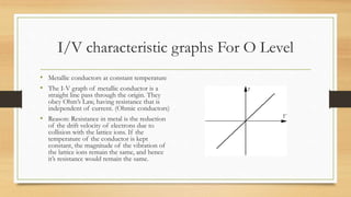 I/V characteristic graphs For O Level
• Metallic conductors at constant temperature
• The I-V graph of metallic conductor is a
straight line pass through the origin. They
obey Ohm’s Law, having resistance that is
independent of current. (Ohmic conductors)
• Reason: Resistance in metal is the reduction
of the drift velocity of electrons due to
collision with the lattice ions. If the
temperature of the conductor is kept
constant, the magnitude of the vibration of
the lattice ions remain the same, and hence
it’s resistance would remain the same.
 