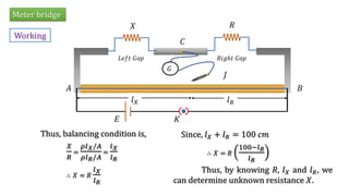 Meter bridge
Working
𝑋
𝑅
=
𝜌𝑙𝑋/𝐴
𝜌𝑙𝑅/𝐴
=
𝑙𝑋
𝑙𝑅
𝑋 𝑅
𝐿𝑒𝑓𝑡 𝐺𝑎𝑝 𝑅𝑖𝑔ℎ𝑡 𝐺𝑎𝑝
𝐶
𝐽
𝐺
𝐸 𝐾
𝐴 𝐵
𝑙𝑋 𝑙𝑅
Thus, balancing condition is,
∴ 𝑋 = 𝑅
𝑙𝑋
𝑙𝑅
Since, 𝑙𝑋 + 𝑙𝑅 = 100 𝑐𝑚
∴ 𝑋 = 𝑅
100−𝑙𝑅
𝑙𝑅
Thus, by knowing 𝑅, 𝑙𝑋 and 𝑙𝑅, we
can determine unknown resistance 𝑋.
 