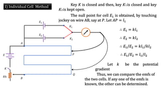 I) Individual Cell Method
𝐾
𝐸
𝑅ℎ
𝐴
𝐵
𝐸1
𝐸2
𝐾1
𝐾2
𝑃
𝑄
Key 𝐾 is closed and then, key 𝐾1 is closed and key
𝐾2 is kept open.
The null point for cell 𝐸1 is obtained, by touching
jockey on wire AB, say at 𝑃. Let 𝐴𝑃 = 𝑙1
∴ 𝐸1 = 𝑘𝑙1
Let 𝑘 be the potential
gradient
∴ 𝐸2 = 𝑘𝑙2
∴ 𝐸1/𝐸2 = 𝑘𝑙1/𝑘𝑙2
∴ 𝐸1/𝐸2 = 𝑙1/𝑙2
Thus, we can compare the emfs of
the two cells. If any one of the emfs is
known, the other can be determined.
 