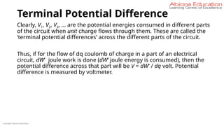 Terminal Potential Difference
Clearly, V1, V2, V3, … are the potential energies consumed in different parts
of the circuit when unit charge flows through them. These are called the
‘terminal potential differences’ across the different parts of the circuit.
Thus, if for the flow of dq coulomb of charge in a part of an electrical
circuit, dW′ joule work is done (dW′ joule energy is consumed), then the
potential difference across that part will be V = dW′ / dq volt. Potential
difference is measured by voltmeter.
Copyright Abiona Education
 