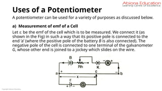 Uses of a Potentiometer
A potentiometer can be used for a variety of purposes as discussed below.
a) Measurement of emf of a Cell
Let ε be the emf of the cell which is to be measured. We connect it (as
shown in the Fig) in such a way that its positive pole is connected to the
end ‘a’ (where the positive pole of the battery B is also connected). The
negative pole of the cell is connected to one terminal of the galvanometer
G, whose other end is joined to a jockey which slides on the wire.
Copyright Abiona Education
 