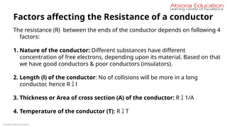 Copyright Abiona Education
Factors affecting the Resistance of a conductor
The resistance (R) between the ends of the conductor depends on following 4
factors:
1. Nature of the conductor: Different substances have different
concentration of free electrons, depending upon its material. Based on that
we have good conductors & poor conductors (insulators).
2. Length (l) of the conductor: No of collisions will be more in a long
conductor, hence R  l
3. Thickness or Area of cross section (A) of the conductor: R  1/A
4. Temperature of the conductor (T): R  T
 