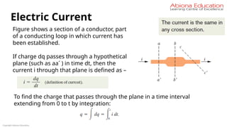 Copyright Abiona Education
Electric Current
Figure shows a section of a conductor, part
of a conducting loop in which current has
been established.
If charge dq passes through a hypothetical
plane (such as aa´ ) in time dt, then the
current i through that plane is defined as –
To find the charge that passes through the plane in a time interval
extending from 0 to t by integration:
 