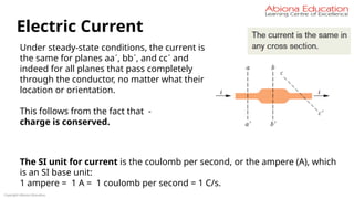 Copyright Abiona Education
Electric Current
Under steady-state conditions, the current is
the same for planes aa´, bb´, and cc´ and
indeed for all planes that pass completely
through the conductor, no matter what their
location or orientation.
This follows from the fact that -
charge is conserved.
The SI unit for current is the coulomb per second, or the ampere (A), which
is an SI base unit:
1 ampere = 1 A = 1 coulomb per second = 1 C/s.
 
