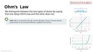 Copyright Abiona Education
Ohm’s Law
We distinguish between the two types of device by saying
that one obeys Ohm’s law and the other does not.
 