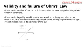 Copyright Abiona Education
Validity and failure of Ohm’s Law
Ohm’s law is not a law of nature, i.e., it is not a universal law that applies everywhere
under all conditions.
Ohm’s law is obeyed by metallic conductors, which accordingly are called ohmic
conductors, that too at normal working temperatures. At very high current/ voltages,
even ohmic conductors do not follow ohm’s law.
 