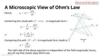Copyright Abiona Education
A Microscopic View of Ohm’s Law
Hence,
Combining this result with in magnitude form –
⇒
Comparing this with in magnitude form, leads to
The right side of the above equation is independent of the field magnitude, hence,
we can say that metals obey Ohm’s law.
 