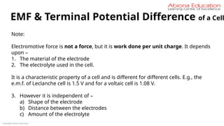 Copyright Abiona Education
EMF & Terminal Potential Difference of a Cell
Note:
Electromotive force is not a force, but it is work done per unit charge. It depends
upon –
1. The material of the electrode
2. The electrolyte used in the cell.
It is a characteristic property of a cell and is different for different cells. E.g., the
e.m.f. of Leclanche cell is 1.5 V and for a voltaic cell is 1.08 V.
3. However it is independent of –
a) Shape of the electrode
b) Distance between the electrodes
c) Amount of the electrolyte
 