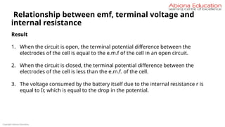 Copyright Abiona Education
Relationship between emf, terminal voltage and
internal resistance
Result
1. When the circuit is open, the terminal potential difference between the
electrodes of the cell is equal to the e.m.f of the cell in an open circuit.
2. When the circuit is closed, the terminal potential difference between the
electrodes of the cell is less than the e.m.f. of the cell.
3. The voltage consumed by the battery itself due to the internal resistance r is
equal to Ir, which is equal to the drop in the potential.
 