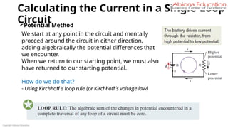 Calculating the Current in a Single-Loop
Circuit
Copyright Abiona Education
Potential Method
We start at any point in the circuit and mentally
proceed around the circuit in either direction,
adding algebraically the potential differences that
we encounter.
When we return to our starting point, we must also
have returned to our starting potential.
How do we do that?
- Using Kirchhoff’s loop rule (or Kirchhoff’s voltage law)
 