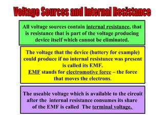 Voltage Sources and Internal Resistance All voltage sources contain  internal resistance , that is resistance that is part of the voltage producing device itself which cannot be eliminated. The voltage that the device (battery for example) could produce if no internal resistance was present is called its EMF. EMF  stands for  electromotive force  – the force that moves the electrons . The useable voltage which is available to the circuit after the  internal resistance consumes its share  of the EMF is called  The  terminal voltage.  