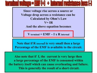 terminal voltage = EMF (+)  +  Internal resistance loss (-) Since voltage rise across a source or  Voltage drop across a resistance can be  Calculated by Ohm’s Law V= IR And the above equation becomes V  terminal  = EMF – I x R  internal Note that if R  interna l is very small then a large Percentage of the EMF is available to the circuit. Also note that if  I, the  current is very large then  a large percentage of the EMF is consumed within the battery itself which can cause overheating and failure. This is generally the result of a short circuit. 