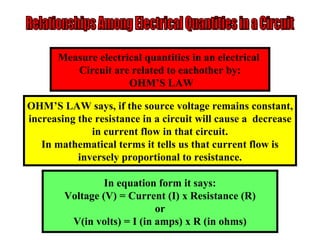 Relationships Among Electrical Quantities in a Circuit Measure electrical quantities in an electrical  Circuit are related...
