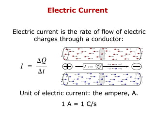 Electric Current
Electric current is the rate of flow of electric
charges through a conductor:
Unit of electric current: the ampere, A.
1 A = 1 C/s
 