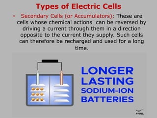 Types of Electric Cells
• Secondary Cells (or Accumulators): These are
cells whose chemical actions can be reversed by
driving a current through them in a direction
opposite to the current they supply. Such cells
can therefore be recharged and used for a long
time.
 