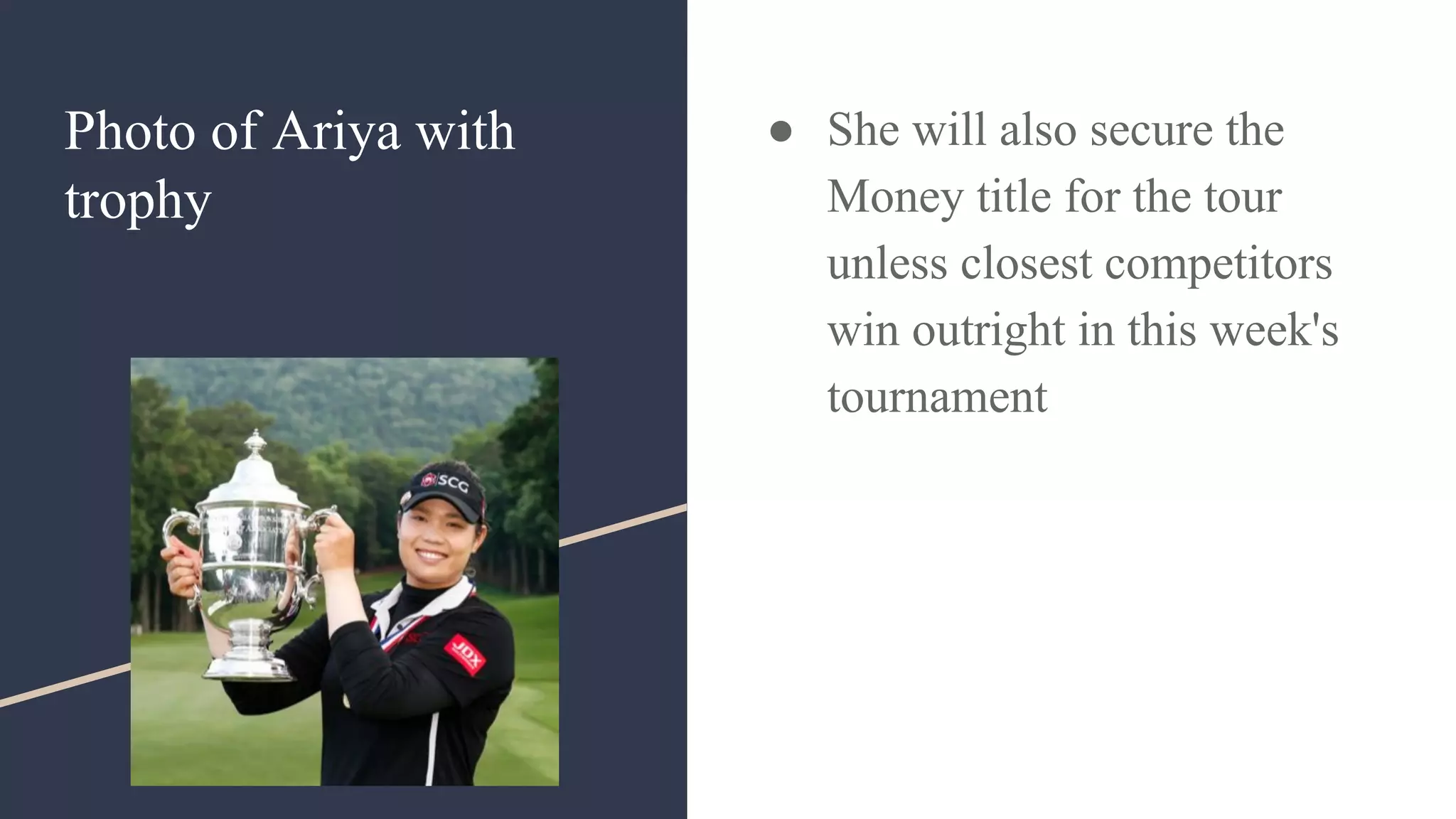 Photo of Ariya with
trophy
● She will also secure the
Money title for the tour
unless closest competitors
win outright in this week's
tournament