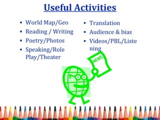 Useful Activities
• World Map/Geo
• Reading / Writing
• Poetry/Photos
• Speaking/Role
Play/Theater
• Translation
• Audience & bias
• Videos/PBL/Liste
ning
 