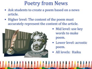 Poetry from News
• Ask students to create a poem based on a news
article.
• Higher level: The content of the poem must
accurately represent the content of the article.
• Mid level: use key
words to make
poem.
• Lower level: acrostic
poem.
• All levels: Haiku
 