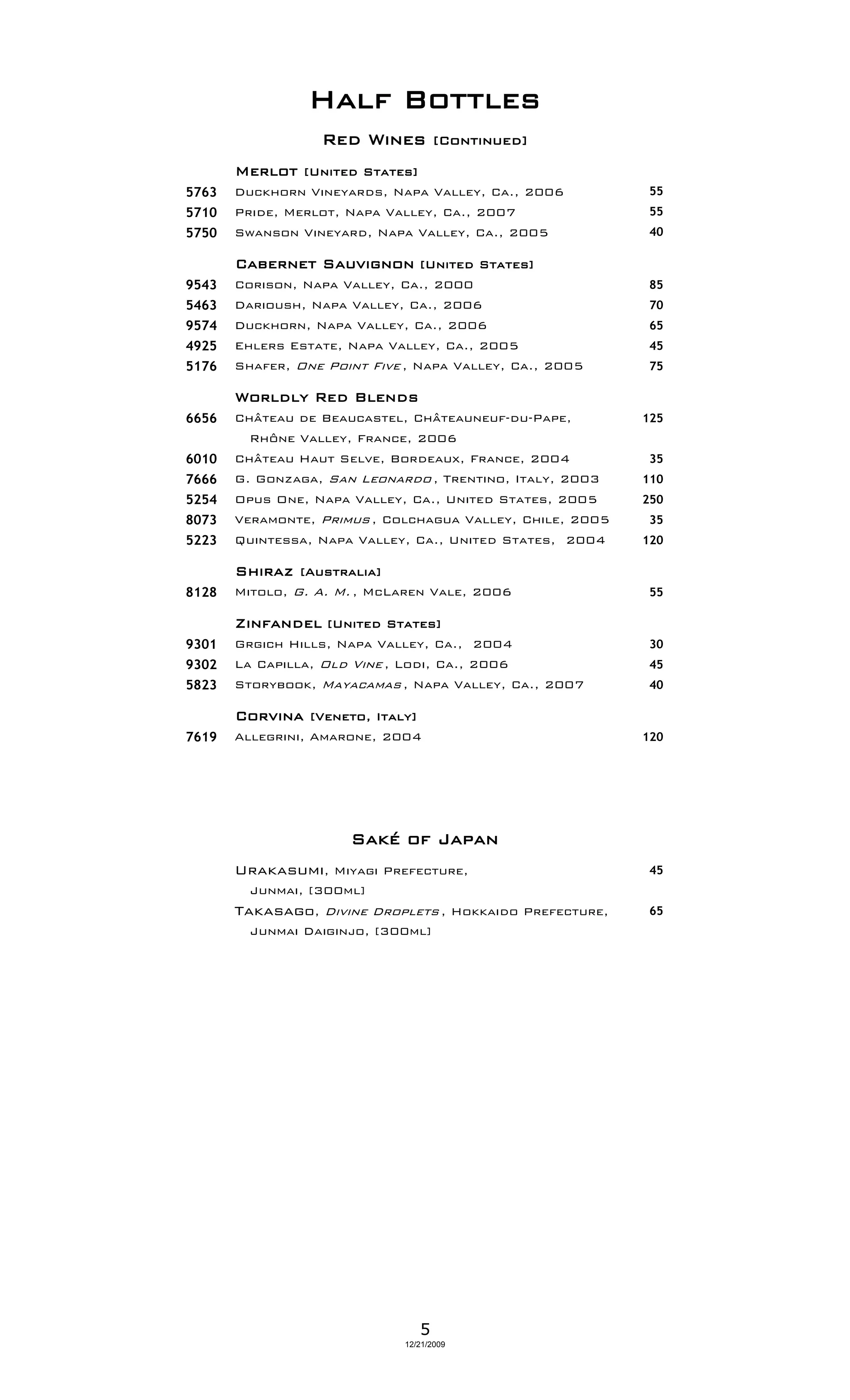 Half Bottles
                   Red Wines         [Continued]

       Merlot [United States]
5763   Duckhorn Vineyards, Napa Valley, Ca., 2006          55
5710   Pride, Merlot, Napa Valley, Ca., 2007               55
5750   Swanson Vineyard, Napa Valley, Ca., 2005            40

       Cabernet Sauvignon [United States]
9543   Corison, Napa Valley, Ca., 2000                     85
5463   Darioush, Napa Valley, Ca., 2006                    70
9574   Duckhorn, Napa Valley, Ca., 2006                    65
4925   Ehlers Estate, Napa Valley, Ca., 2005               45
5176   Shafer, One Point Five , Napa Valley, Ca., 2005     75

       Worldly Red Blends
6656   Château de Beaucastel, Châteauneuf-du-Pape,         125
         Rhône Valley, France, 2006
6010   Château Haut Selve, Bordeaux, France, 2004          35
7666   G. Gonzaga, San Leonardo , Trentino, Italy, 2003    110
5254   Opus One, Napa Valley, Ca., United States, 2005     250
8073   Veramonte, Primus , Colchagua Valley, Chile, 2005   35
5223   Quintessa, Napa Valley, Ca., United States, 2004    120

       Shiraz [Australia]
8128   Mitolo, G. A. M. , McLaren Vale, 2006               55

       Zinfandel [United States]
9301   Grgich Hills, Napa Valley, Ca., 2004                30
9302   La Capilla, Old Vine , Lodi, Ca., 2006              45
5823   Storybook, Mayacamas , Napa Valley, Ca., 2007       40

       Corvina [Veneto, Italy]
7619   Allegrini, Amarone, 2004                            120




                       Saké of Japan
       Urakasumi, Miyagi Prefecture,                       45
         Junmai, [300ml]
       Takasago, Divine Droplets , Hokkaido Prefecture,    65
         Junmai Daiginjo, [300ml]




                                 5
                              12/21/2009
 