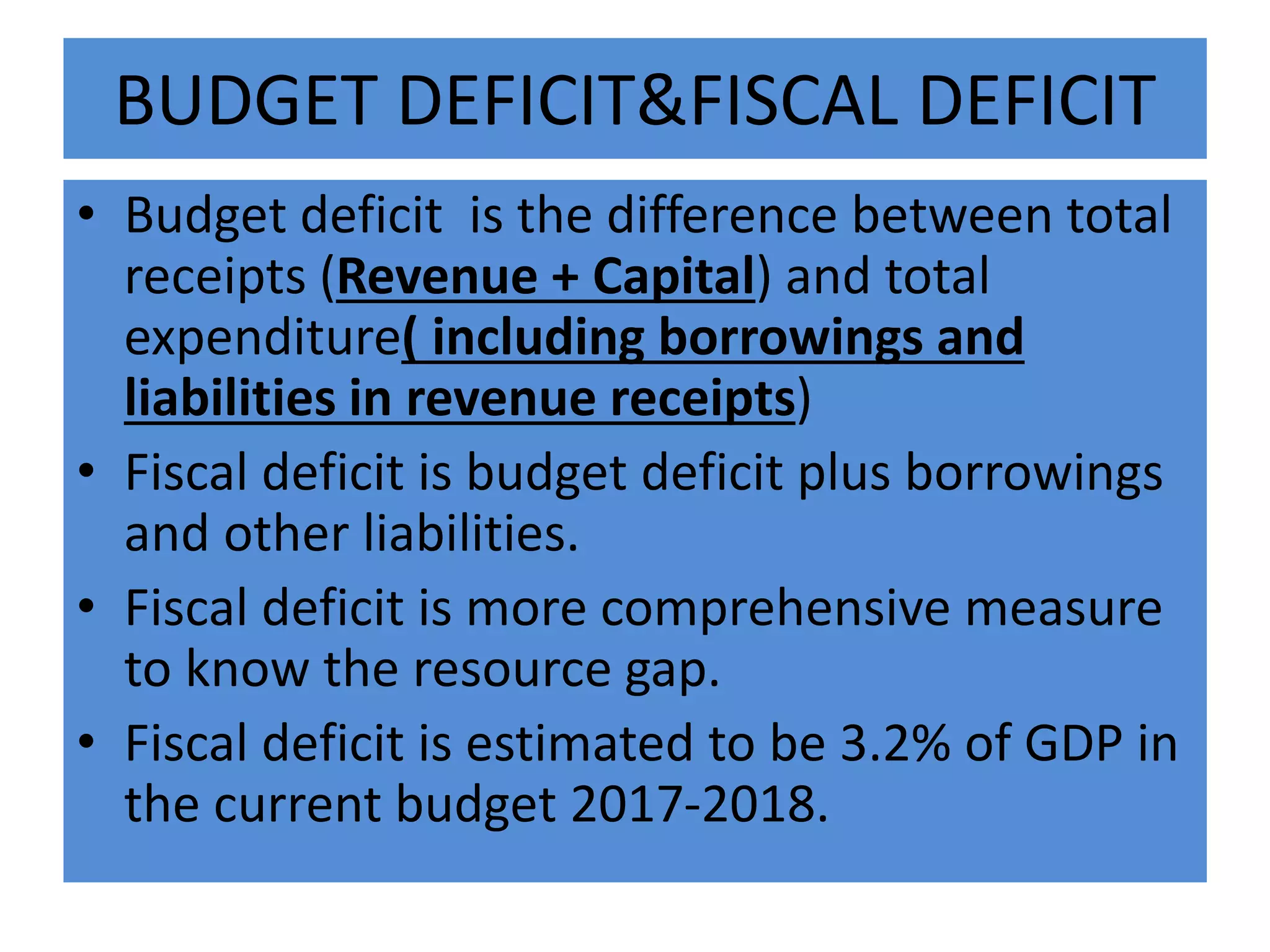 BUDGET DEFICIT&FISCAL DEFICIT
• Budget deficit is the difference between total
receipts (Revenue + Capital) and total
expenditure( including borrowings and
liabilities in revenue receipts)
• Fiscal deficit is budget deficit plus borrowings
and other liabilities.
• Fiscal deficit is more comprehensive measure
to know the resource gap.
• Fiscal deficit is estimated to be 3.2% of GDP in
the current budget 2017-2018.
 