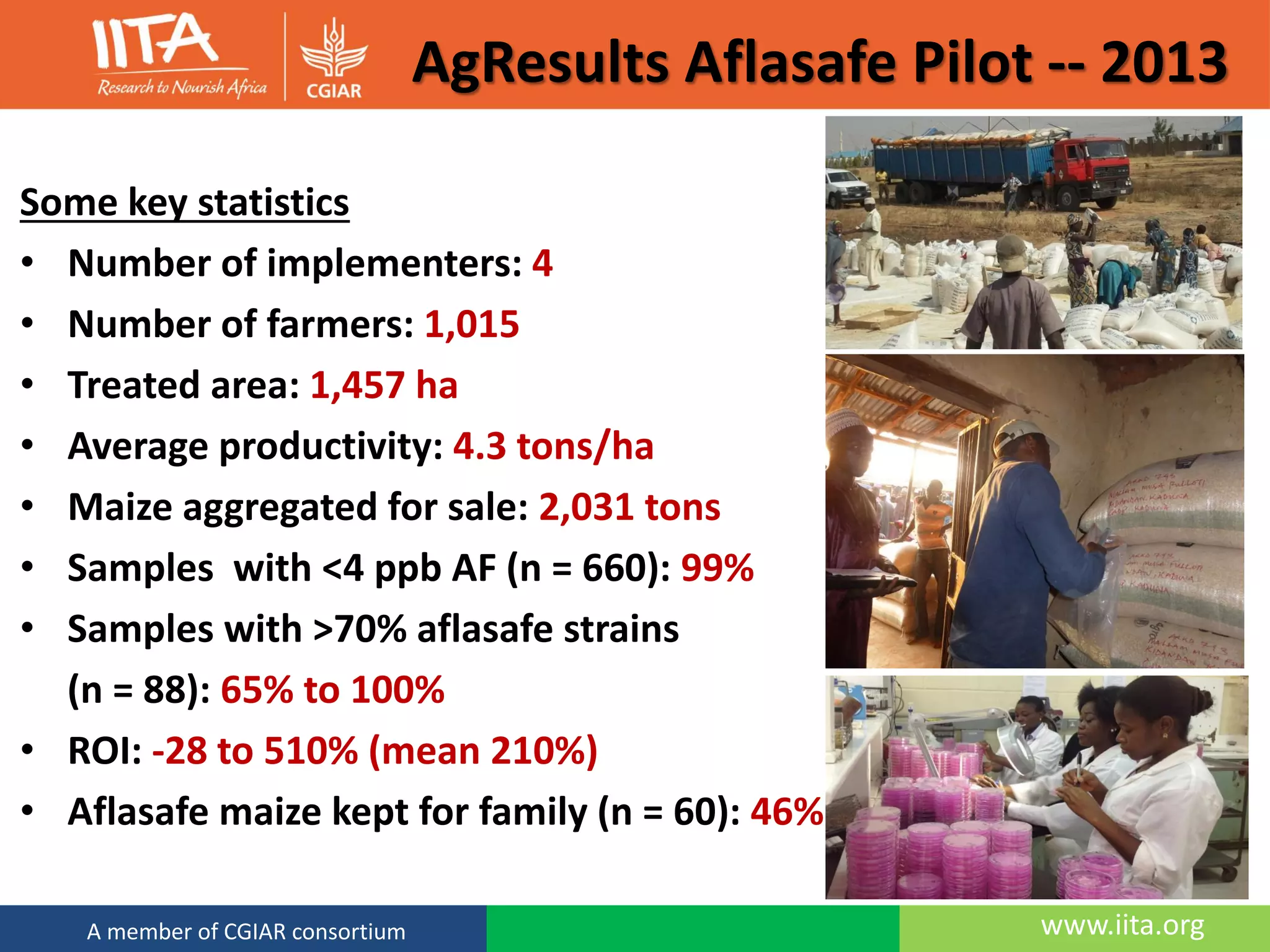 AgResults Aflasafe Pilot -- 2013
www.iita.orgA member of CGIAR consortium
Some key statistics
• Number of implementers: 4
• Number of farmers: 1,015
• Treated area: 1,457 ha
• Average productivity: 4.3 tons/ha
• Maize aggregated for sale: 2,031 tons
• Samples with <4 ppb AF (n = 660): 99%
• Samples with >70% aflasafe strains
(n = 88): 65% to 100%
• ROI: -28 to 510% (mean 210%)
• Aflasafe maize kept for family (n = 60): 46%
 