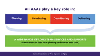 National Association of Area Agencies on Aging
All AAAs play a key role in:
 
