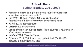 National Association of Area Agencies on Aging
A Look Back:
Budget Battles, 2011-2018
• Recession, changes in politics drove louder conversation
about federal debt (and deficit)
• July 2011: Budget Control Act = caps, threat of
sequestration, Super Committee, debt ceiling relief
• March 2013: Sequestration
• October 2013: Shutdown
• Series of two-year budget deals (FY14-15/FY16-17), partially
offset sequester/caps
• Jan-Feb 2018: Two shutdowns
• February 2018: Third two-year budget deal (FY 18-19),
partially offset sequester/caps
 