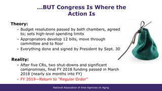 National Association of Area Agencies on Aging
…BUT Congress Is Where the
Action Is
Theory:
– Budget resolutions passed by both chambers, agreed
to; sets high-level spending limits
– Appropriators develop 12 bills, move through
committee and to floor
– Everything done and signed by President by Sept. 30
Reality:
– After five CRs, two shut-downs and significant
compromises, final FY 2018 funding passed in March
2018 (nearly six months into FY)
– FY 2019—Return to “Regular Order”
 