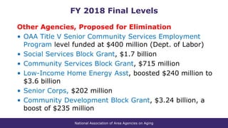 National Association of Area Agencies on Aging
Other Agencies, Proposed for Elimination
• OAA Title V Senior Community Services Employment
Program level funded at $400 million (Dept. of Labor)
• Social Services Block Grant, $1.7 billion
• Community Services Block Grant, $715 million
• Low-Income Home Energy Asst, boosted $240 million to
$3.6 billion
• Senior Corps, $202 million
• Community Development Block Grant, $3.24 billion, a
boost of $235 million
FY 2018 Final Levels
 