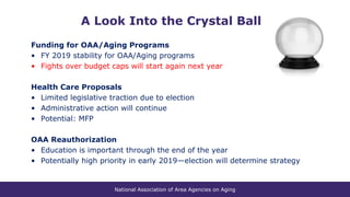 National Association of Area Agencies on Aging
Funding for OAA/Aging Programs
• FY 2019 stability for OAA/Aging programs
• Fights over budget caps will start again next year
Health Care Proposals
• Limited legislative traction due to election
• Administrative action will continue
• Potential: MFP
OAA Reauthorization
• Education is important through the end of the year
• Potentially high priority in early 2019—election will determine strategy
A Look Into the Crystal Ball
 