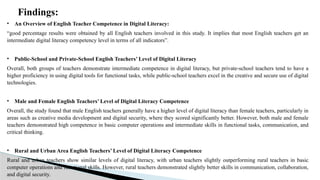 Findings:
• An Overview of English Teacher Competence in Digital Literacy:
“good percentage results were obtained by all English teachers involved in this study. It implies that most English teachers get an
intermediate digital literacy competency level in terms of all indicators”.
• Public-School and Private-School English Teachers’ Level of Digital Literacy
Overall, both groups of teachers demonstrate intermediate competence in digital literacy, but private-school teachers tend to have a
higher proficiency in using digital tools for functional tasks, while public-school teachers excel in the creative and secure use of digital
technologies.
• Male and Female English Teachers’ Level of Digital Literacy Competence
Overall, the study found that male English teachers generally have a higher level of digital literacy than female teachers, particularly in
areas such as creative media development and digital security, where they scored significantly better. However, both male and female
teachers demonstrated high competence in basic computer operations and intermediate skills in functional tasks, communication, and
critical thinking.
• Rural and Urban Area English Teachers’ Level of Digital Literacy Competence
Rural and urban teachers show similar levels of digital literacy, with urban teachers slightly outperforming rural teachers in basic
computer operations and functional skills. However, rural teachers demonstrated slightly better skills in communication, collaboration,
and digital security.
 
