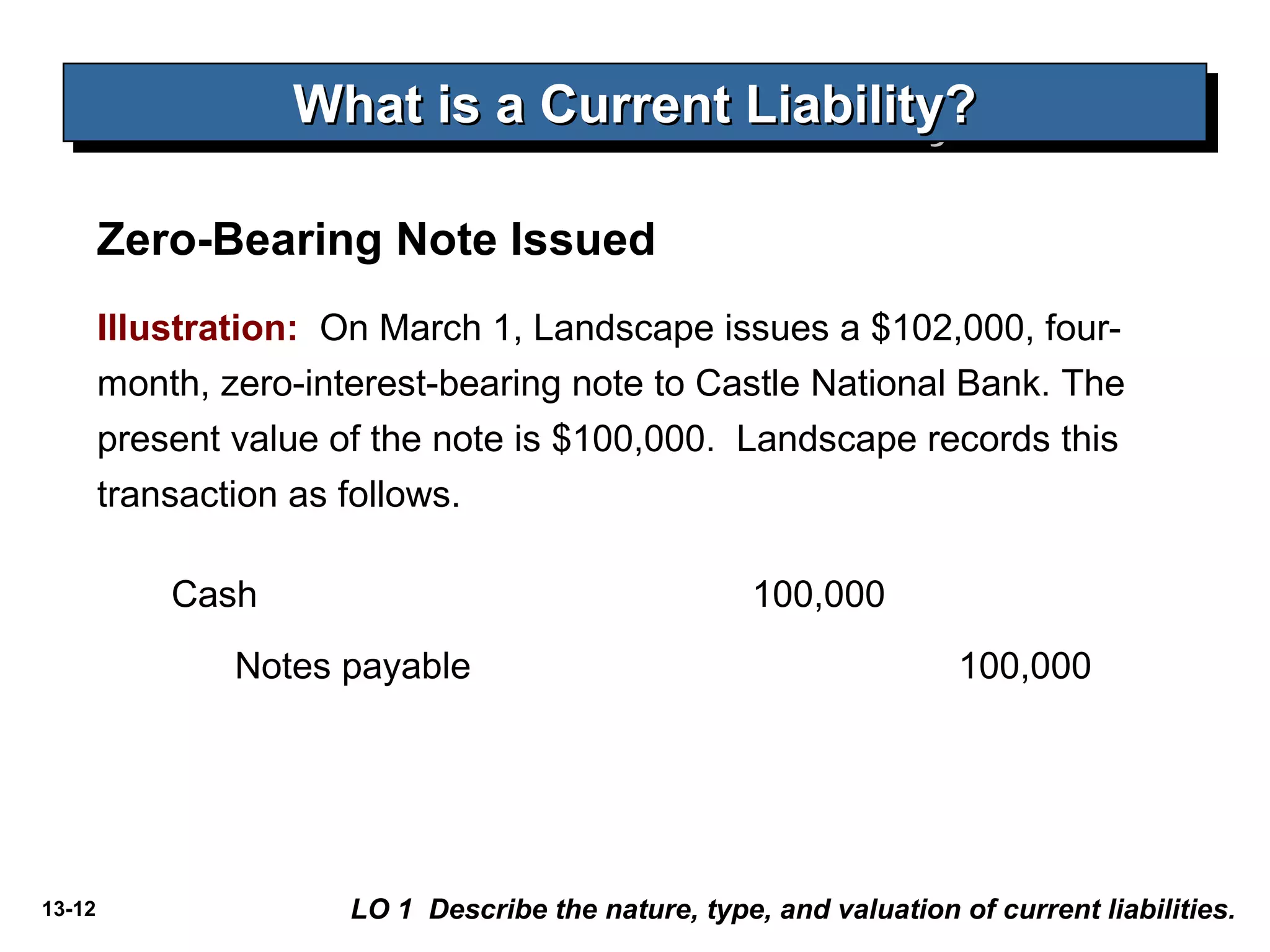 13-12
Illustration: On March 1, Landscape issues a $102,000, four-
month, zero-interest-bearing note to Castle National Bank. The
present value of the note is $100,000. Landscape records this
transaction as follows.
What is a Current Liability?What is a Current Liability?What is a Current Liability?What is a Current Liability?
LO 1 Describe the nature, type, and valuation of current liabilities.
Cash 100,000
Notes payable 100,000
Zero-Bearing Note Issued
 