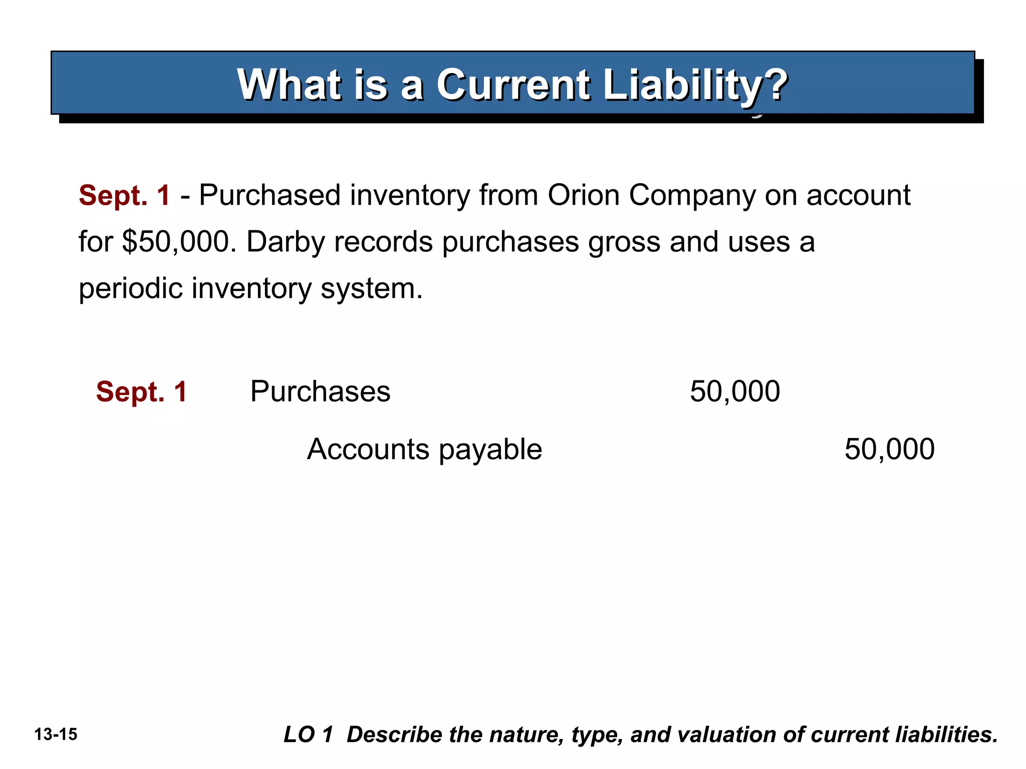 13-15
Sept. 1 - Purchased inventory from Orion Company on account
for $50,000. Darby records purchases gross and uses a
periodic inventory system.
What is a Current Liability?What is a Current Liability?What is a Current Liability?What is a Current Liability?
LO 1 Describe the nature, type, and valuation of current liabilities.
Sept. 1 Purchases 50,000
Accounts payable 50,000
 