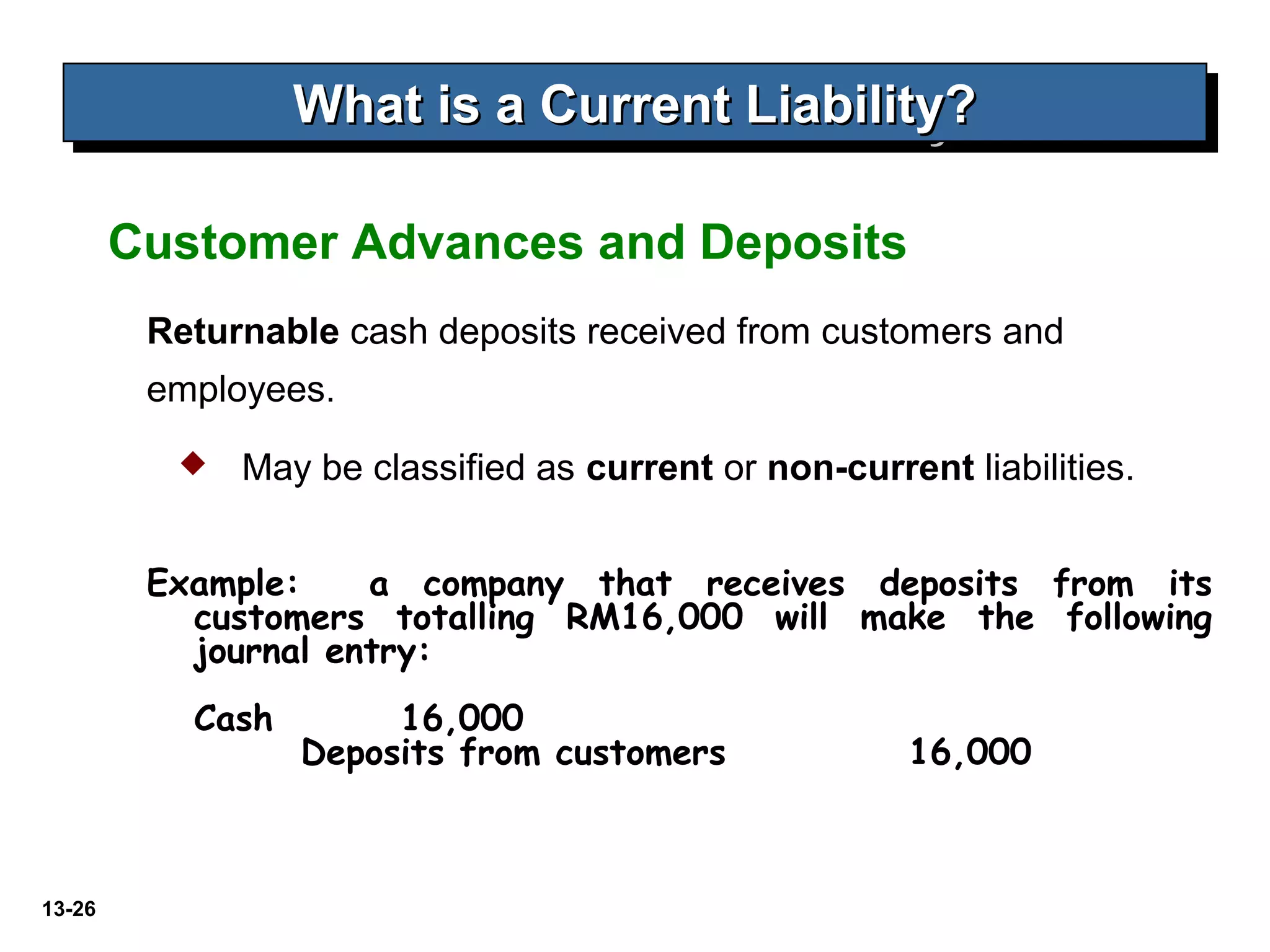13-26
Returnable cash deposits received from customers and
employees.
Customer Advances and Deposits
What is a Current Liability?What is a Current Liability?What is a Current Liability?What is a Current Liability?
 May be classified as current or non-current liabilities.
Example: a company that receives deposits from its
customers totalling RM16,000 will make the following
journal entry:
Cash 16,000
Deposits from customers 16,000
 