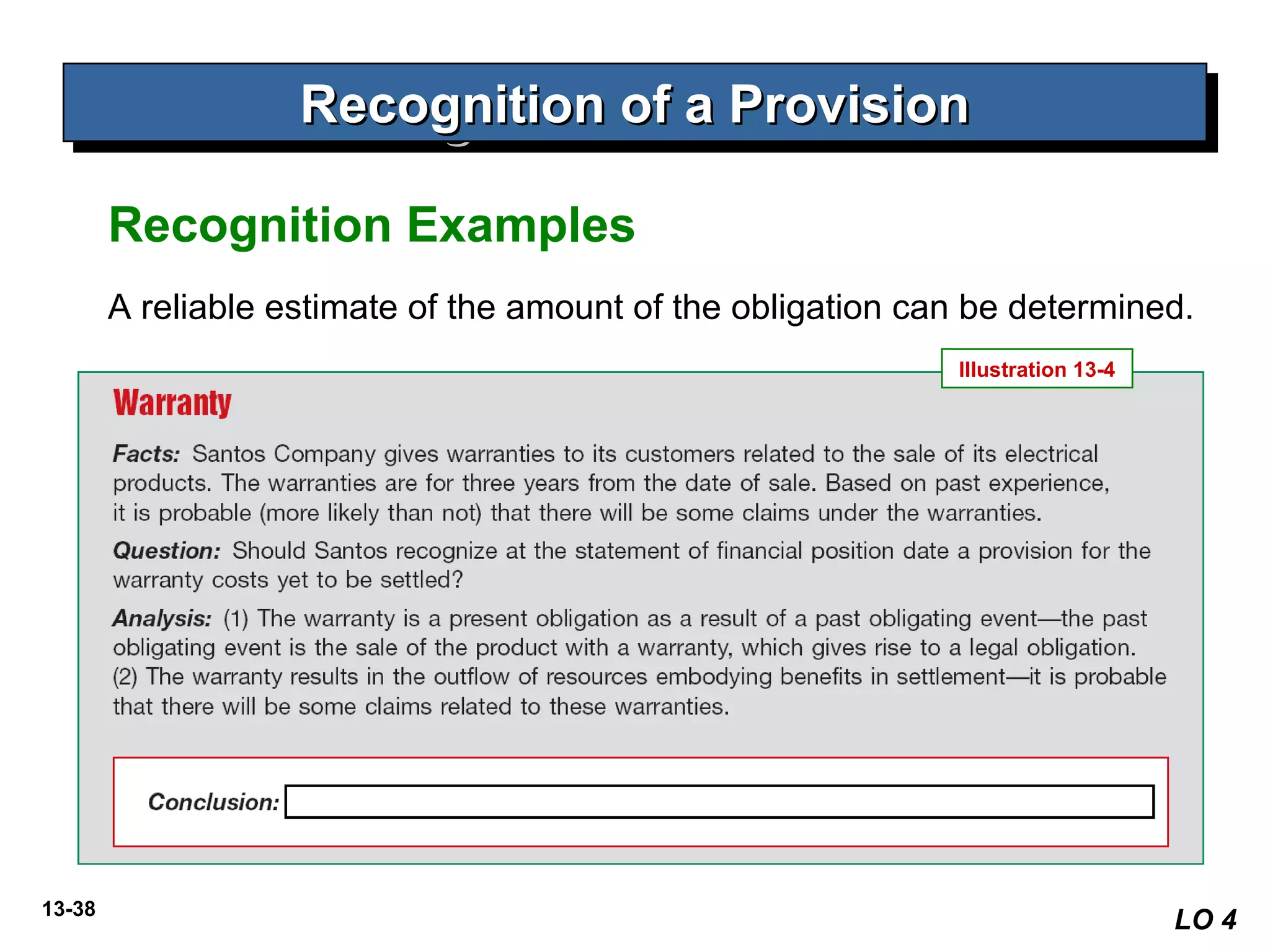 13-38
A reliable estimate of the amount of the obligation can be determined.
Recognition of a ProvisionRecognition of a ProvisionRecognition of a ProvisionRecognition of a Provision
LO 4
Recognition Examples
Illustration 13-4
 