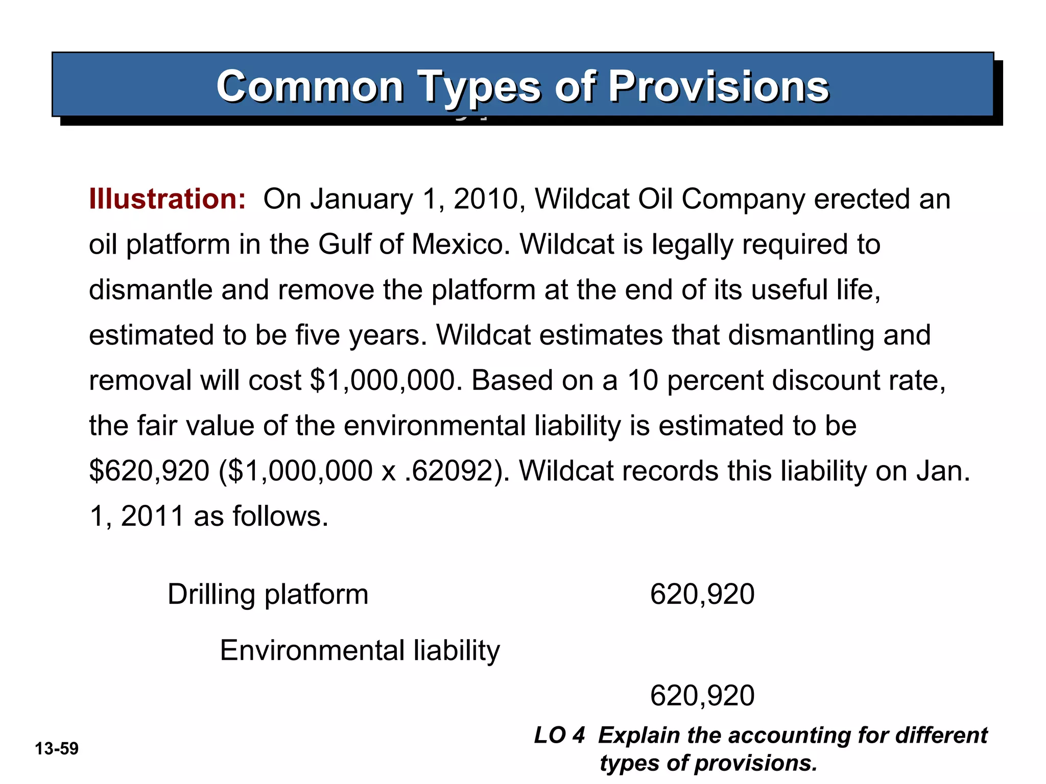 13-59
Common Types of ProvisionsCommon Types of ProvisionsCommon Types of ProvisionsCommon Types of Provisions
Illustration: On January 1, 2010, Wildcat Oil Company erected an
oil platform in the Gulf of Mexico. Wildcat is legally required to
dismantle and remove the platform at the end of its useful life,
estimated to be five years. Wildcat estimates that dismantling and
removal will cost $1,000,000. Based on a 10 percent discount rate,
the fair value of the environmental liability is estimated to be
$620,920 ($1,000,000 x .62092). Wildcat records this liability on Jan.
1, 2011 as follows.
Drilling platform 620,920
Environmental liability
620,920
LO 4 Explain the accounting for different
types of provisions.
 